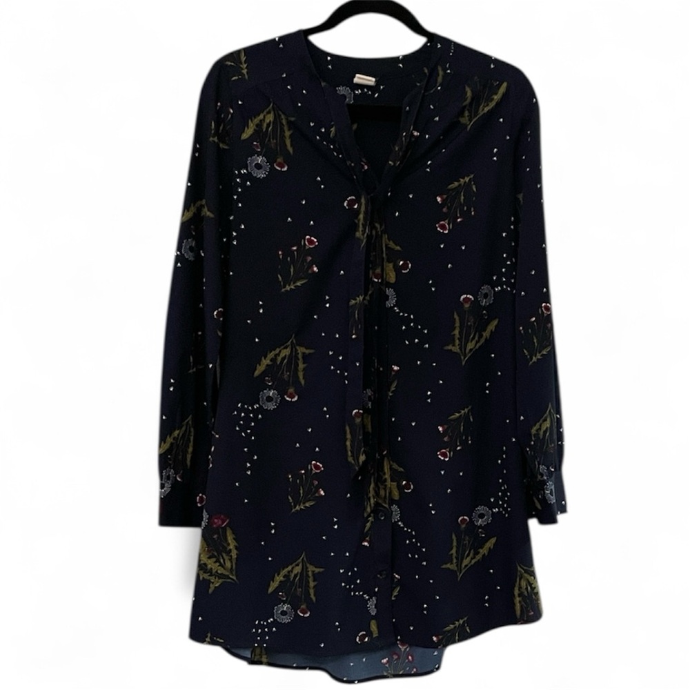 Wild Pearl Midnight Blue Floral Dress XXS Button Tie Front Cuff Sleeve Flowy
